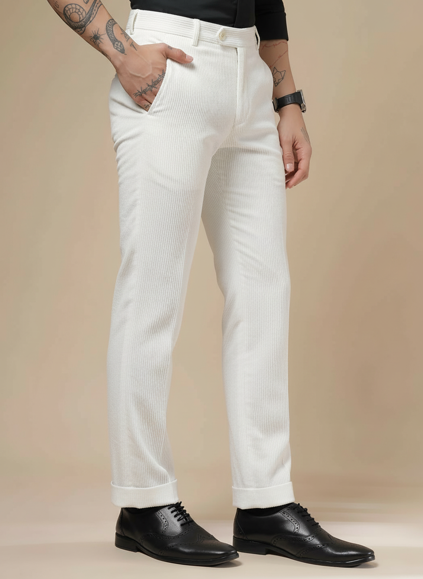 Snow White Corduroy Men Pleated Formal Pants | Boot Cut Fit by ITALIAN VEGA®