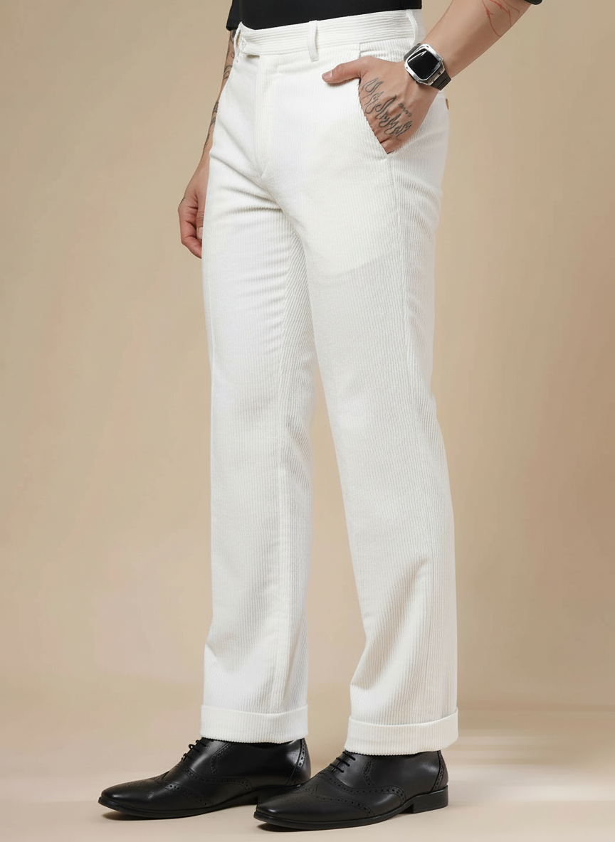 Snow White Corduroy Men Pleated Formal Pants | Boot Cut Fit by ITALIAN VEGA®