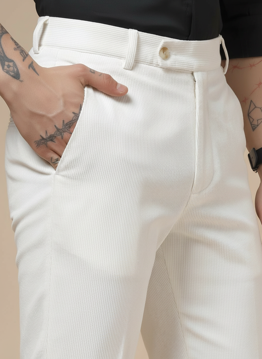 Snow White Corduroy Men Pleated Formal Pants | Boot Cut Fit by ITALIAN VEGA®