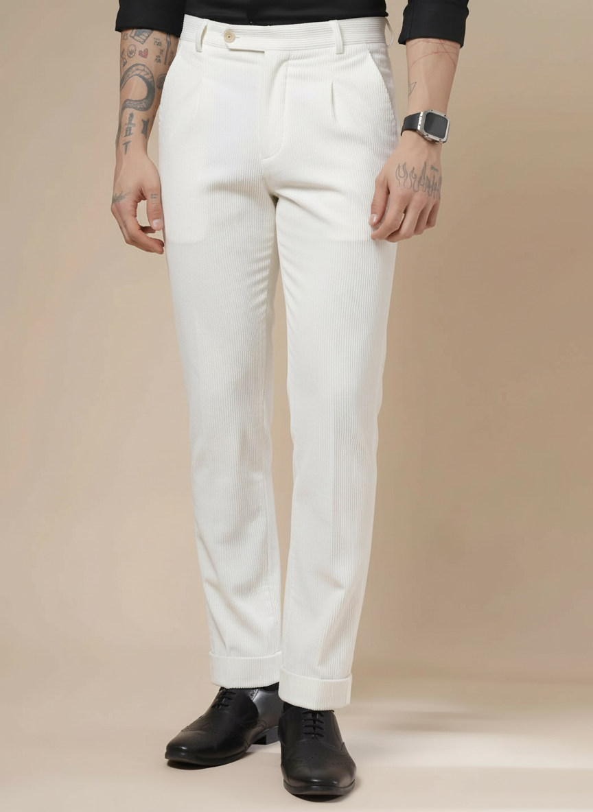 Snow White Corduroy Men Pleated Formal Pants | Boot Cut Fit by ITALIAN VEGA®