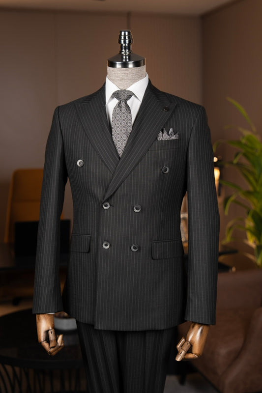 ITALIAN FIT MEN'S BLACK STRIPED DOUBLE BREASTED SUIT BY ITALIAN VEGA® [Limited Edition]