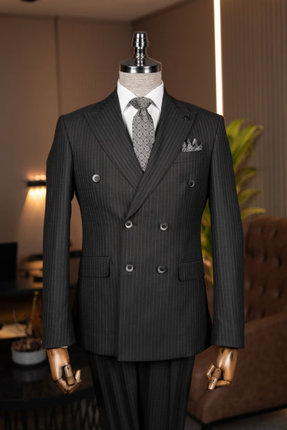 ITALIAN FIT MEN'S BLACK STRIPED DOUBLE BREASTED SUIT BY ITALIAN VEGA® [Limited Edition]