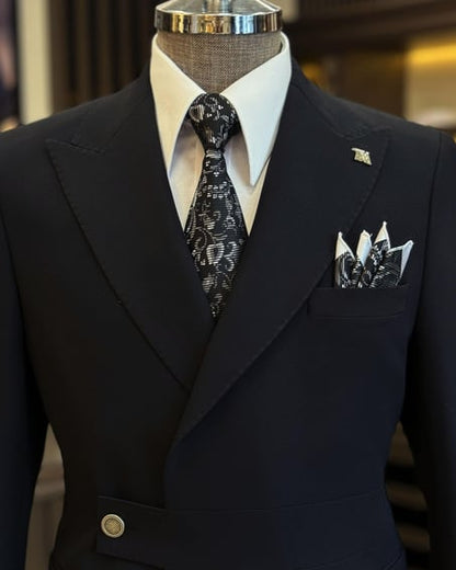 ITALIAN FIT MEN'S BLACK STRAP BREASTED SUIT BY ITALIAN VEGA® [Limited Edition]