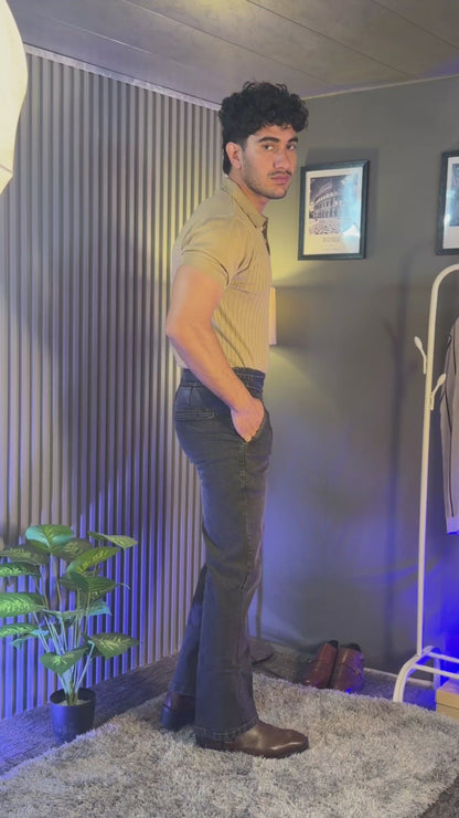 Anthracite Denim Classic Button Gurkha Pant × Beige Wide Stripes Half Sleeves Knit Polo