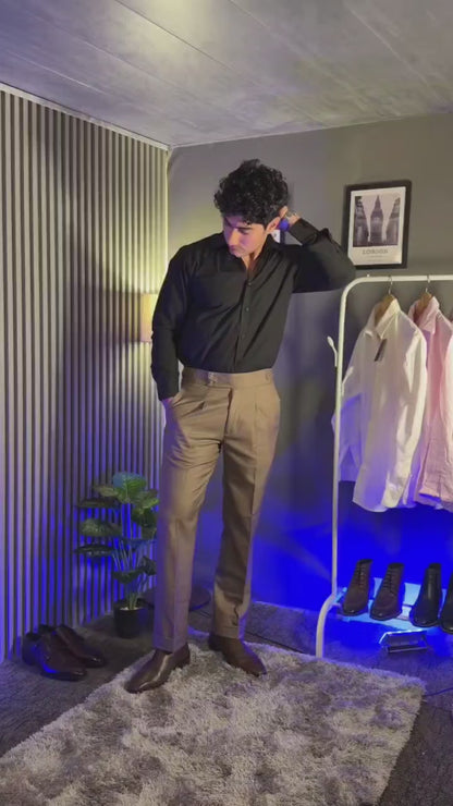 Brown Flannel Signature Buttoned Gurkha Pant × Black Button-Down Shirt