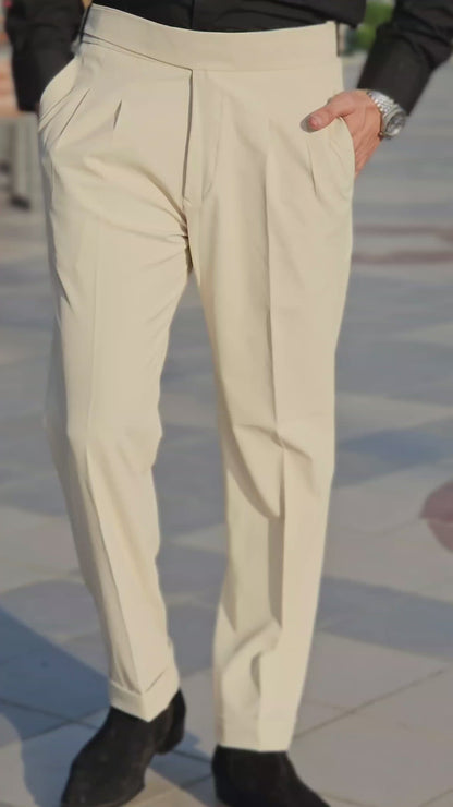 Beige Classic Buckle Gurkha Pants × Black Button-Down Shirt