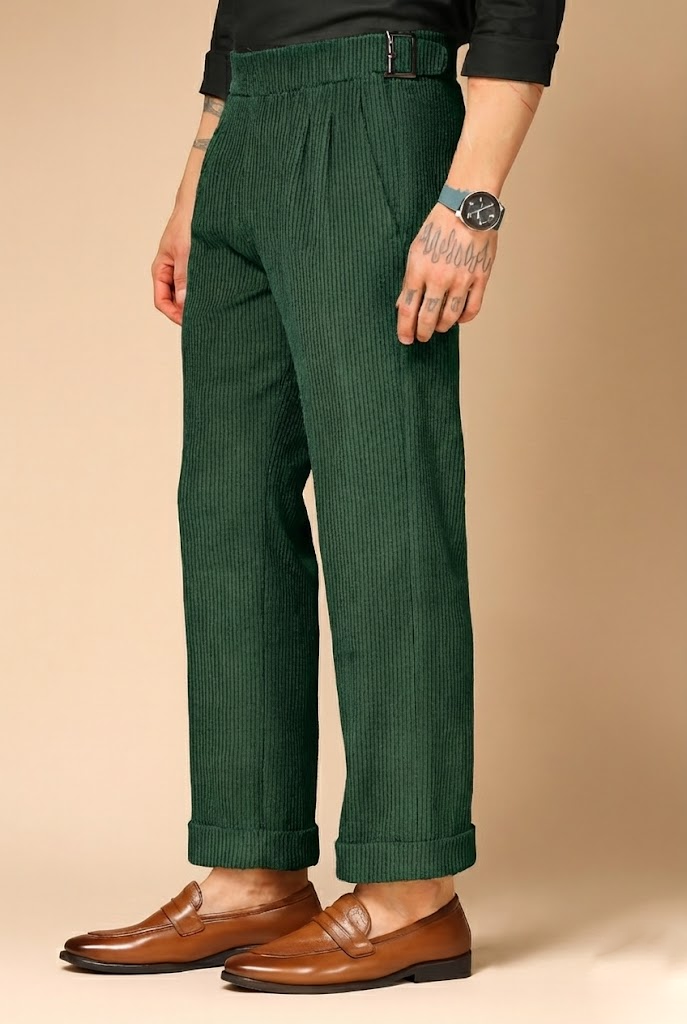 Bottle Green Corduroy Classic Button Gurkha Pants | Boot Cut Fit by ITALIAN VEGA®