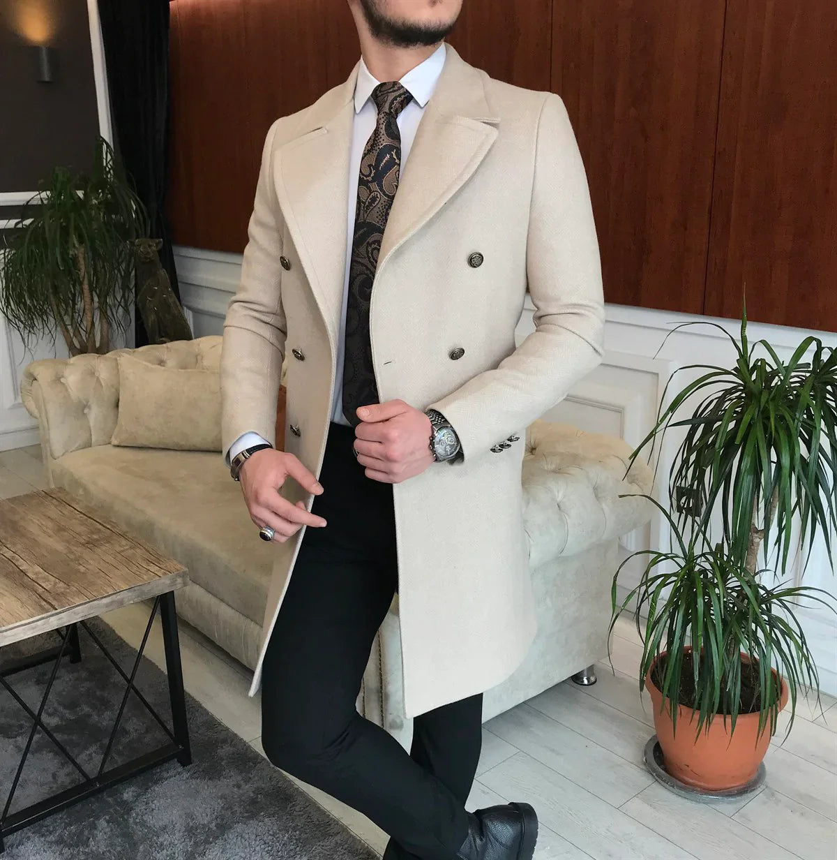 Frost Slim Fit Beige Double Breasted Wool Coat by ITALIAN VEGA®