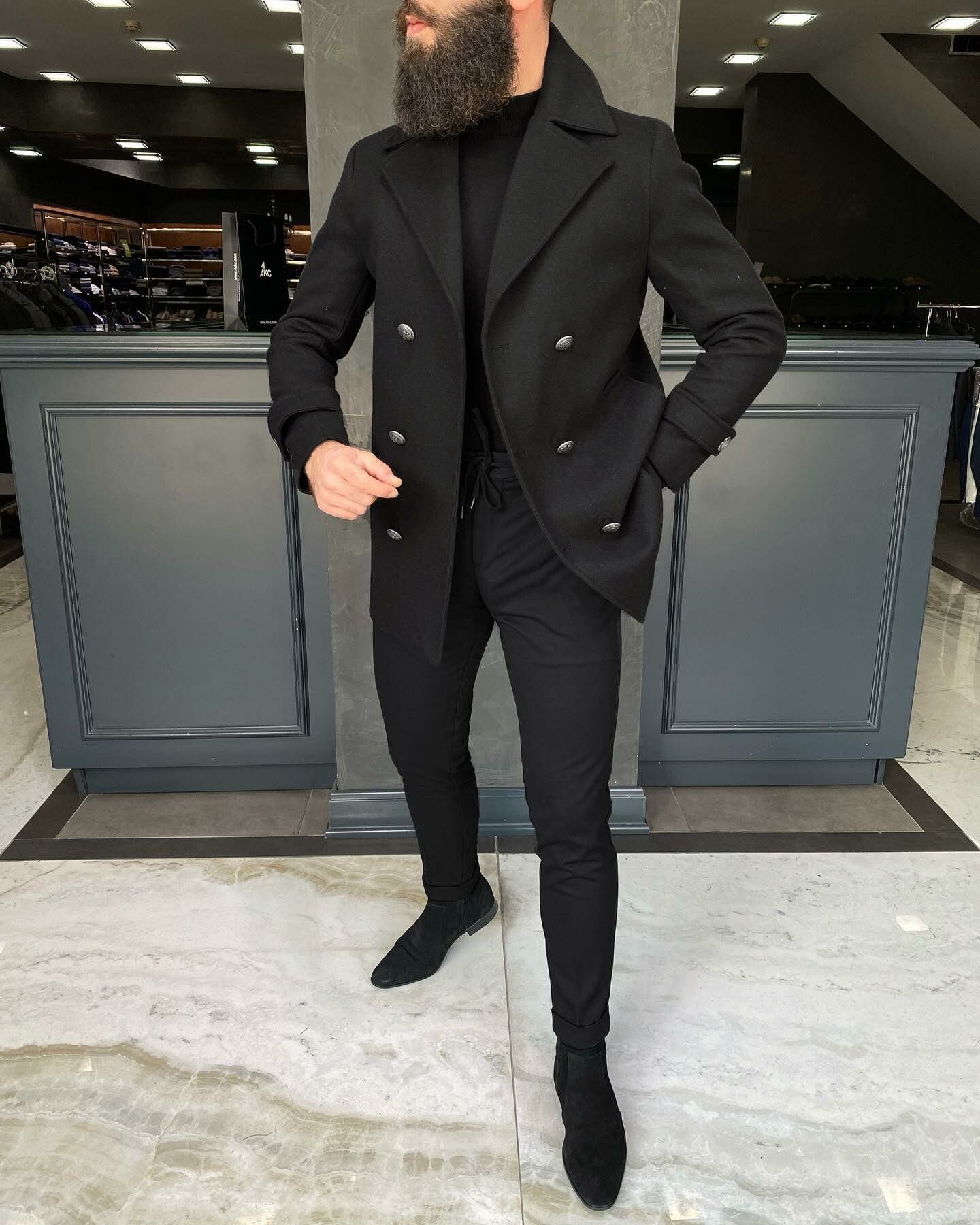 Long Coat Double Breasted Coat Mens Black Men's Black Trench Coats Hockerty