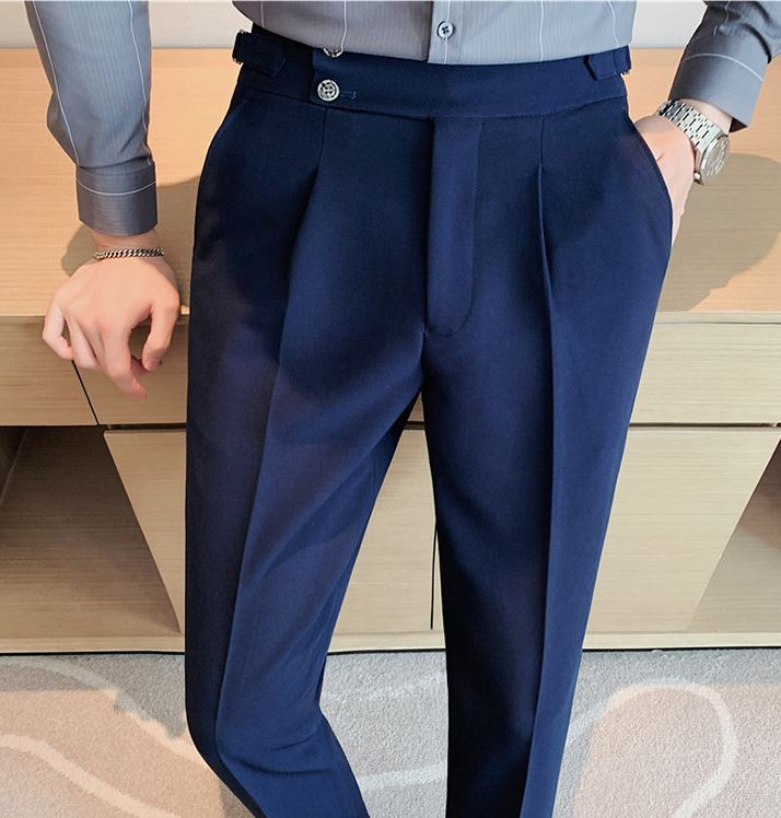 Navy Blue Signature Buttoned Formal Gurkha Pants by ITALIAN VEGA