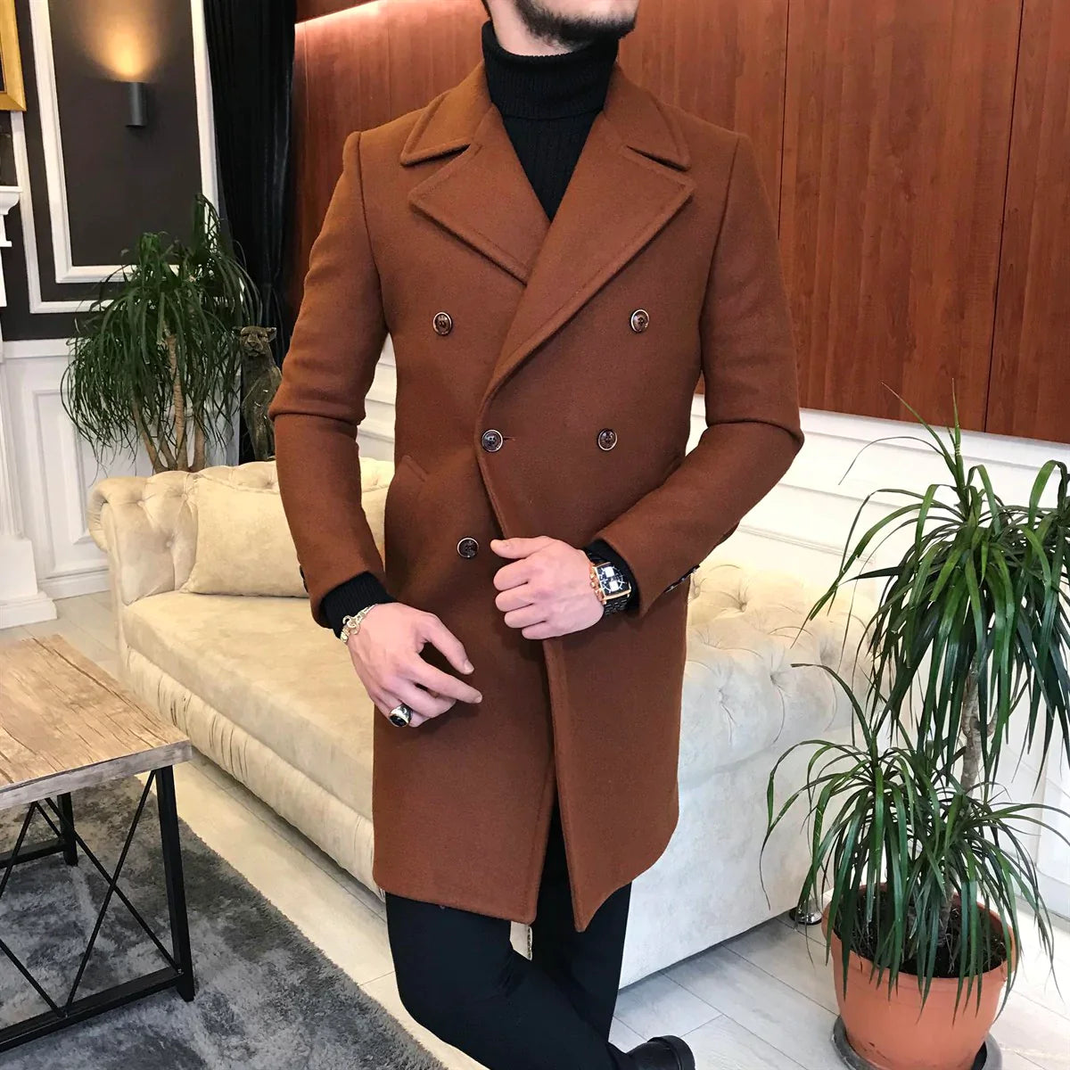 Mens pea coat slim fit long hotsell