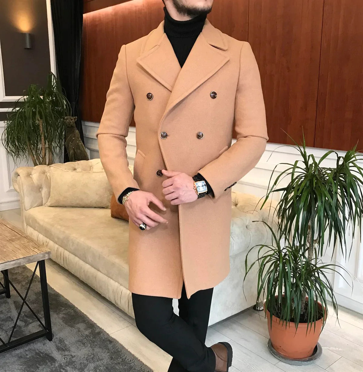 Frost Slim Fit Camel Double Breasted Wool Over Coat by ITALIAN VEGA® (Winter Special)