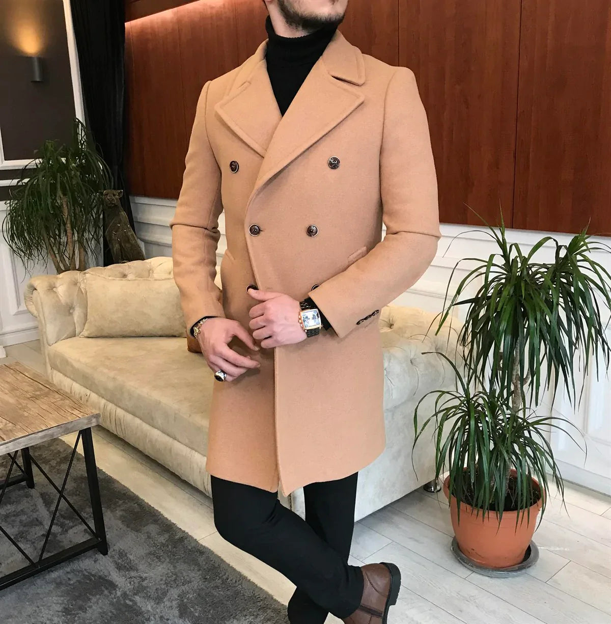 Frost Slim Fit Camel Double Breasted Wool Coat by ITALIAN VEGA®