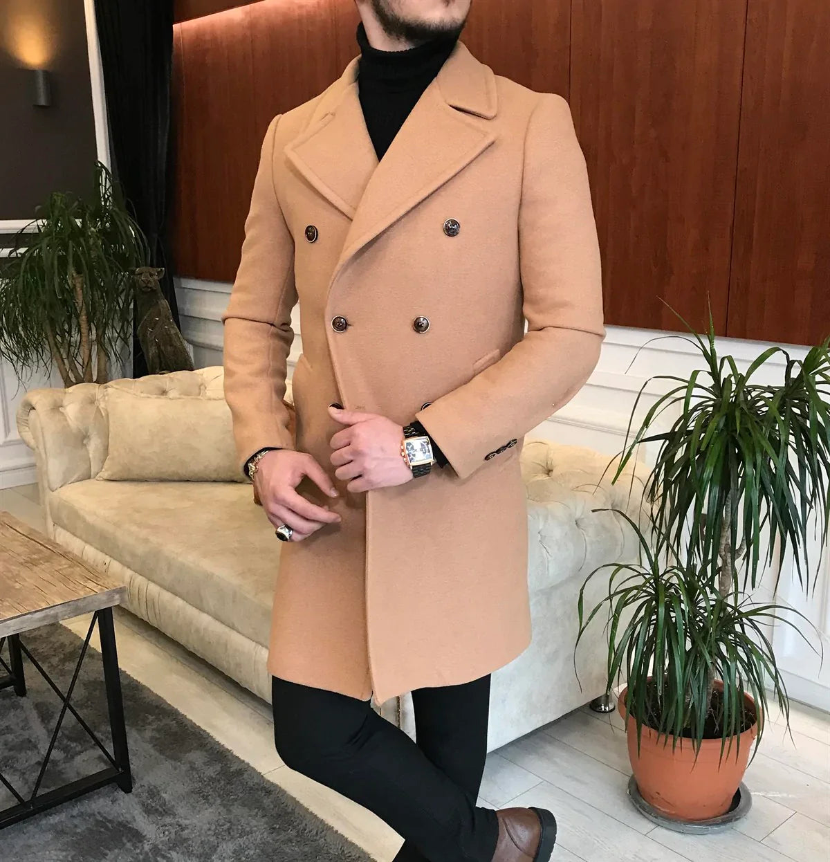 Frost Slim Fit Camel Double Breasted Wool Coat by ITALIAN VEGA®