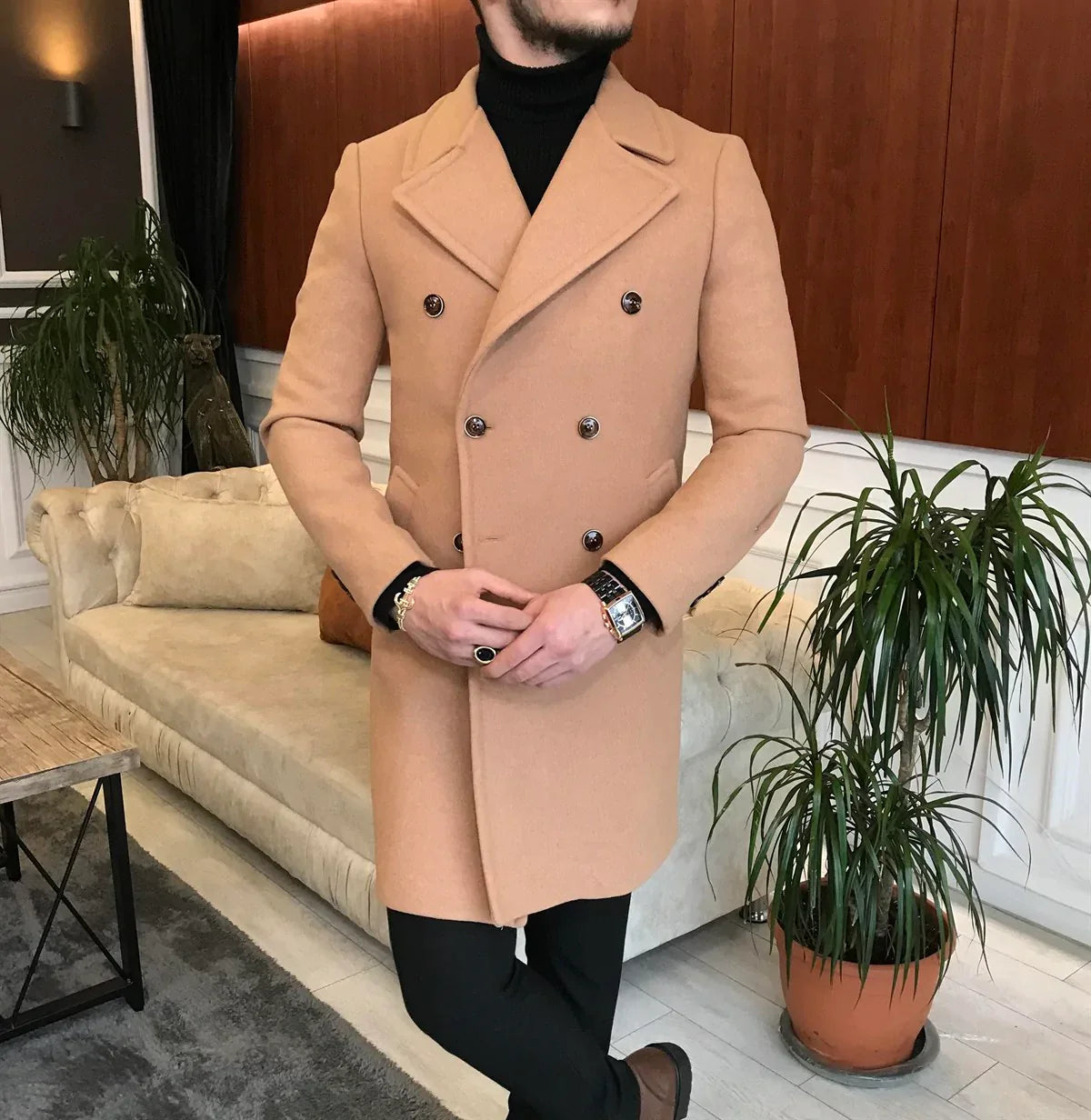 Frost Slim Fit Camel Double Breasted Wool Coat by ITALIAN VEGA
