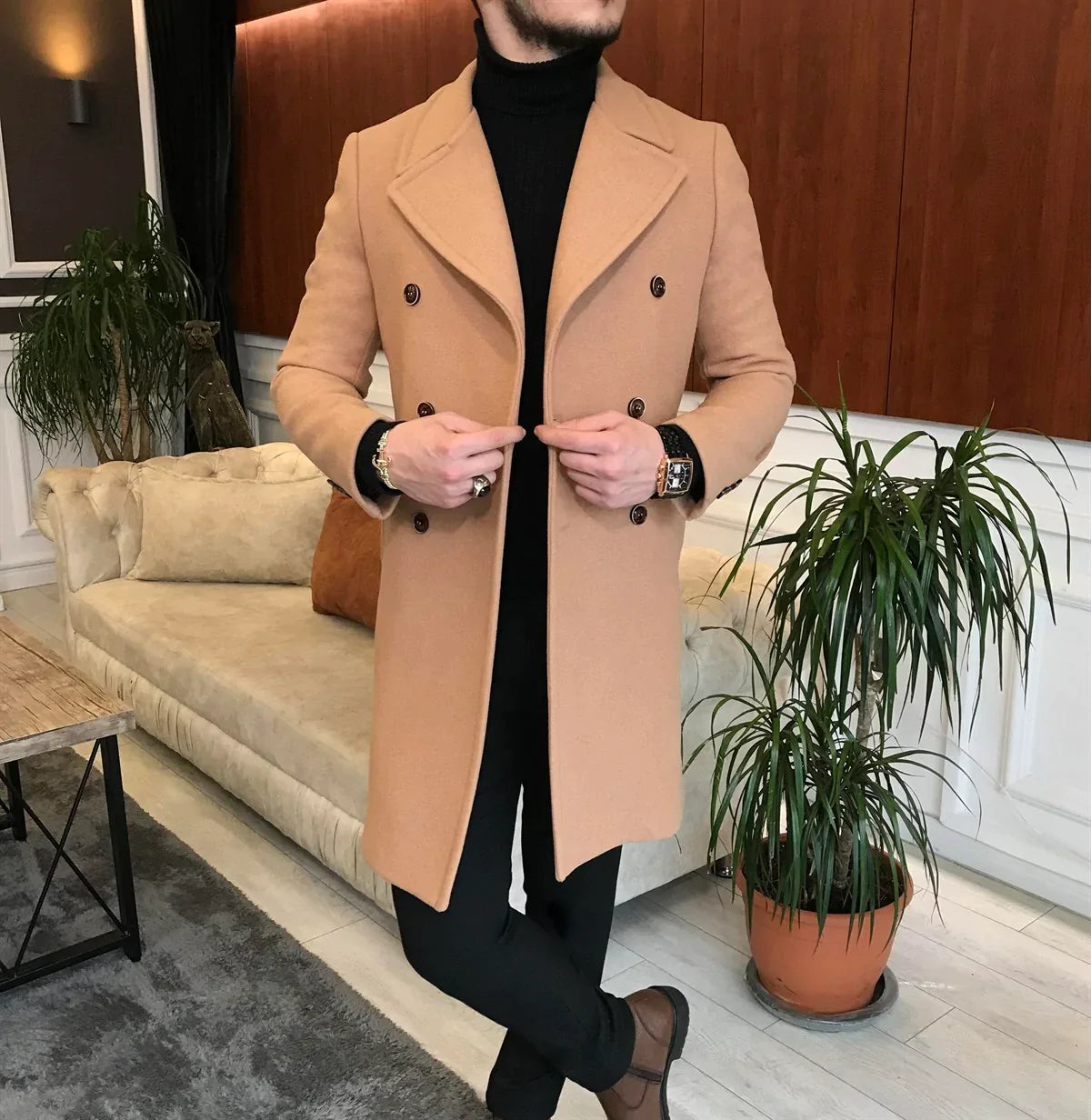 Frost Slim Fit Camel Double Breasted Wool Over Coat by ITALIAN VEGA