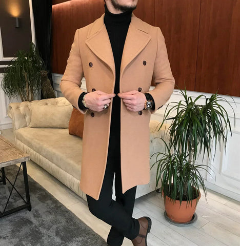 Frost Slim Fit Camel Double Breasted Winter Men s Long Coat by