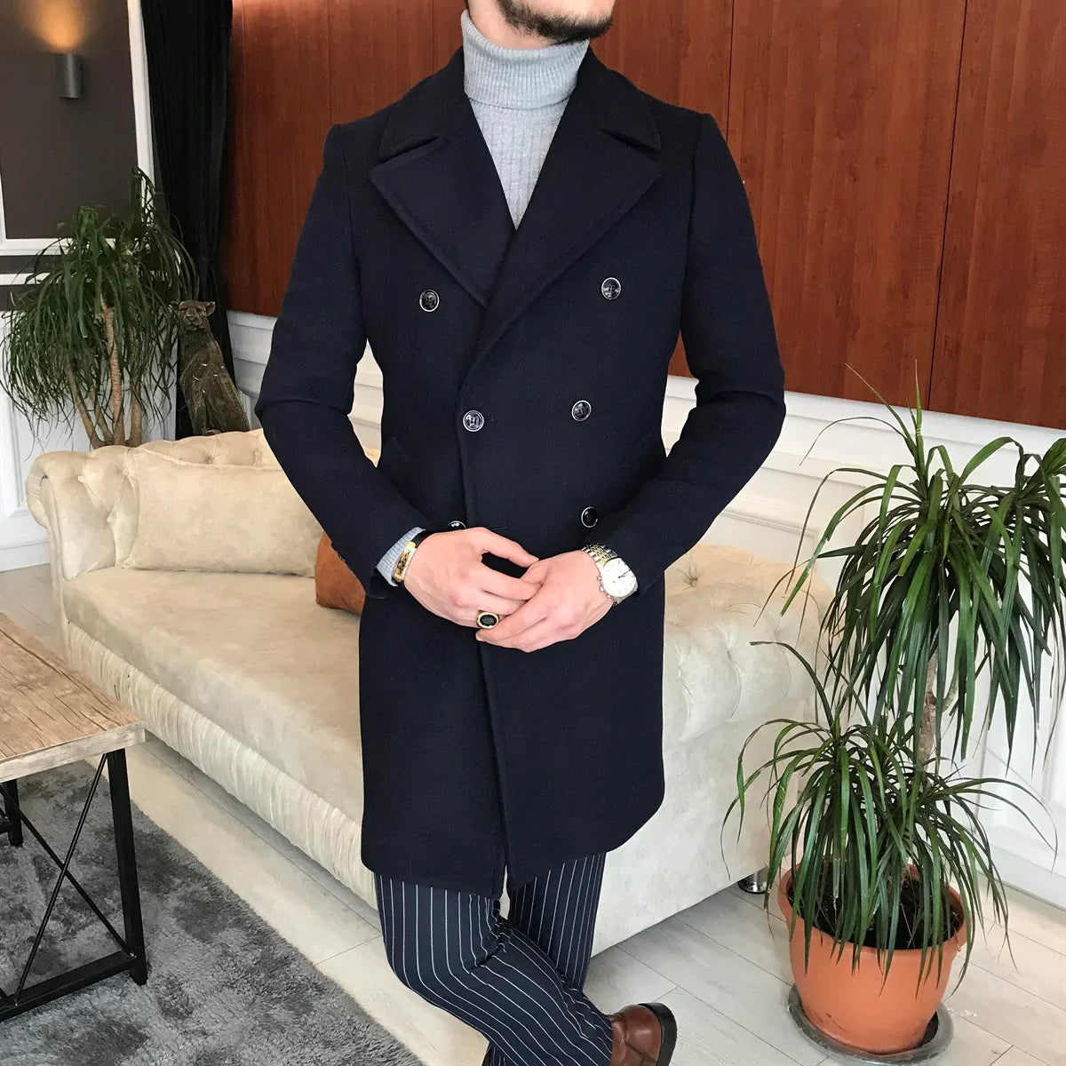 Frost Slim Fit Dark Blue Double Breasted Wool Coat by ITALIAN VEGA®