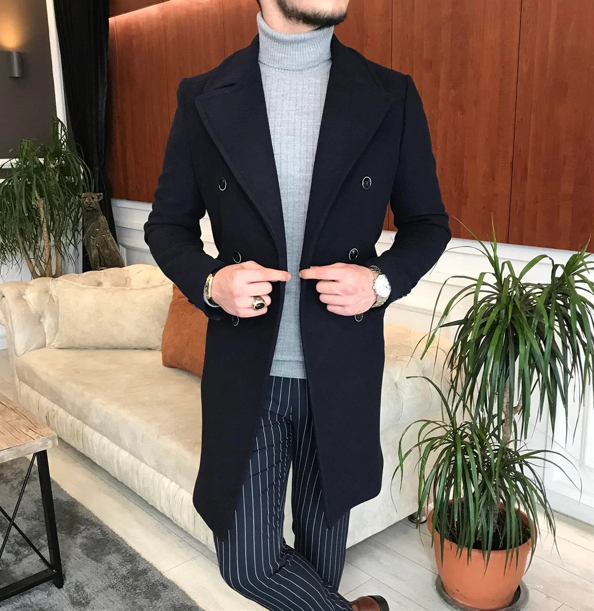 Frost Slim Fit Dark Blue Double Breasted Wool Over Coat by ITALIAN VEGA®