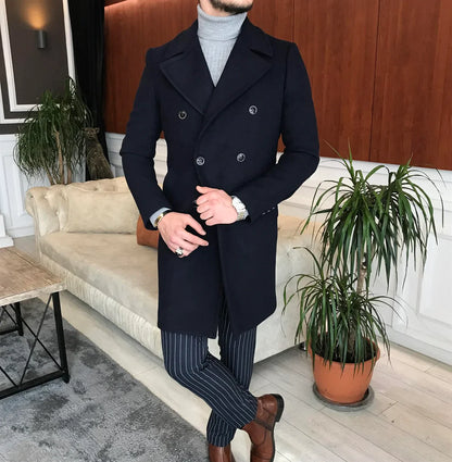 Frost Slim Fit Dark Blue Double Breasted Wool Over Coat by ITALIAN VEGA® (Winter Special)