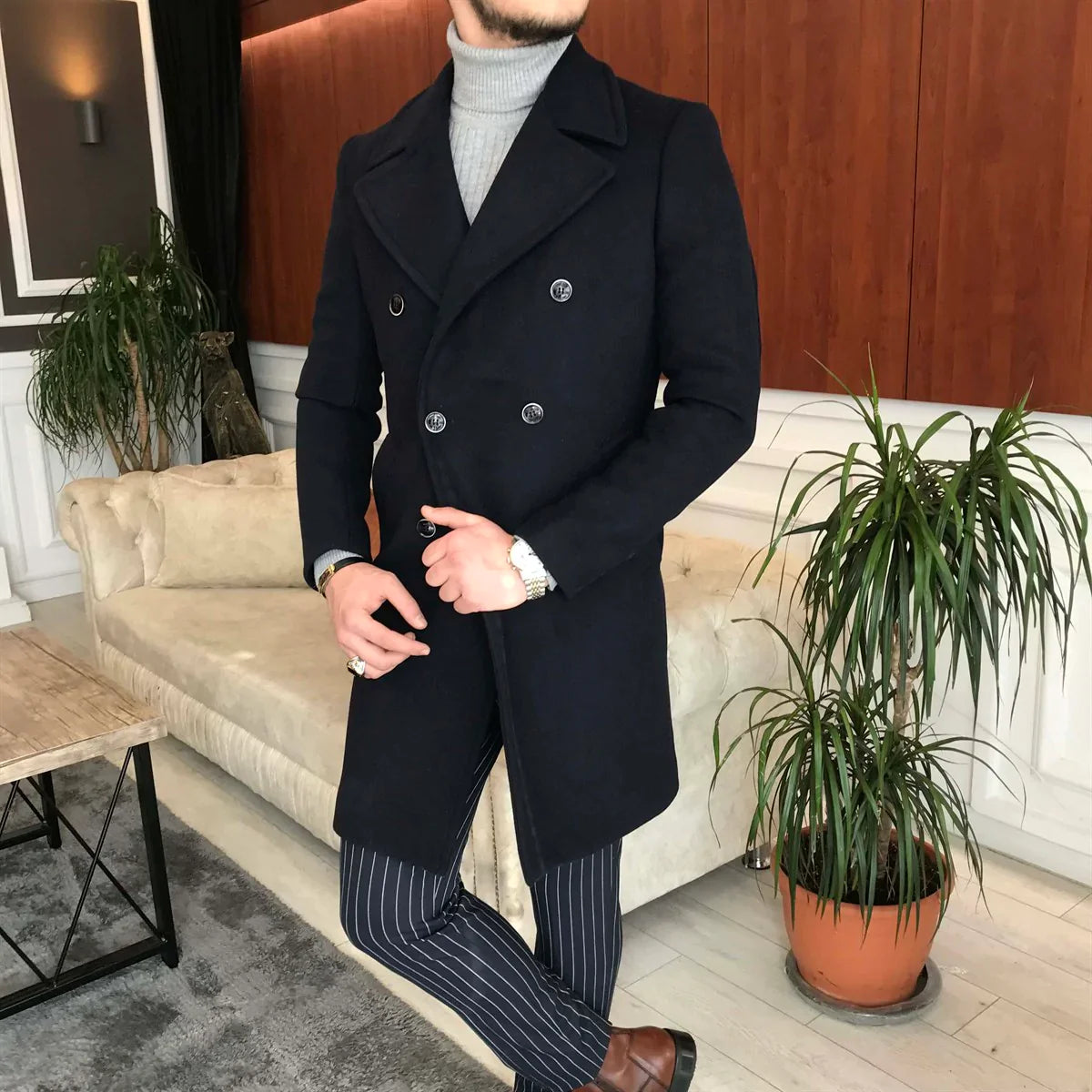 Frost Slim Fit Dark Blue Double Breasted Wool Over Coat by ITALIAN VEGA®