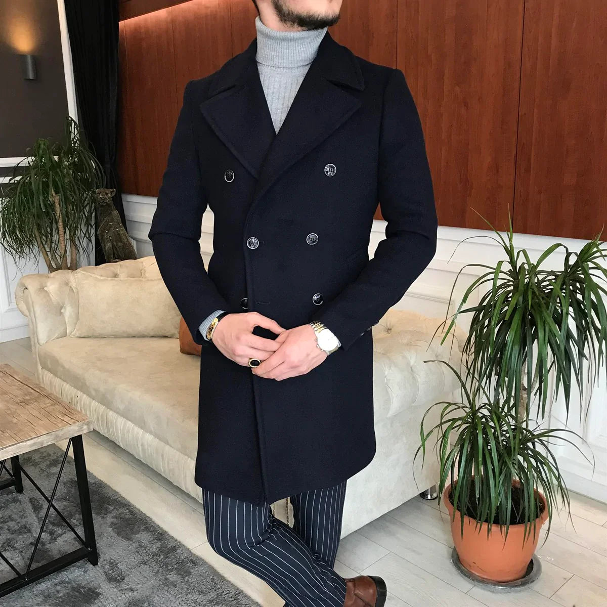 Frost Slim Fit Dark Blue Double Breasted Wool Over Coat by ITALIAN VEGA®