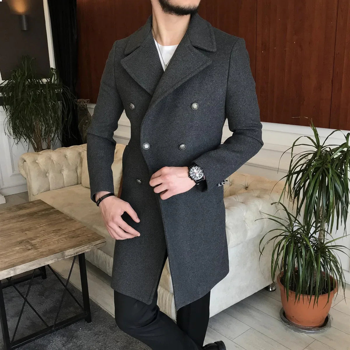 Frost Slim Fit Dark Grey Double Breasted Wool Over Coat by ITALIAN VEGA®