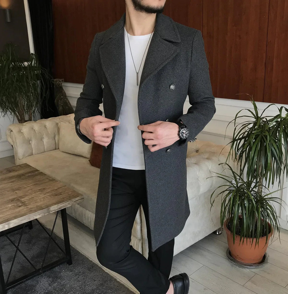 Frost Slim Fit Dark Grey Double Breasted Wool Coat by ITALIAN VEGA®