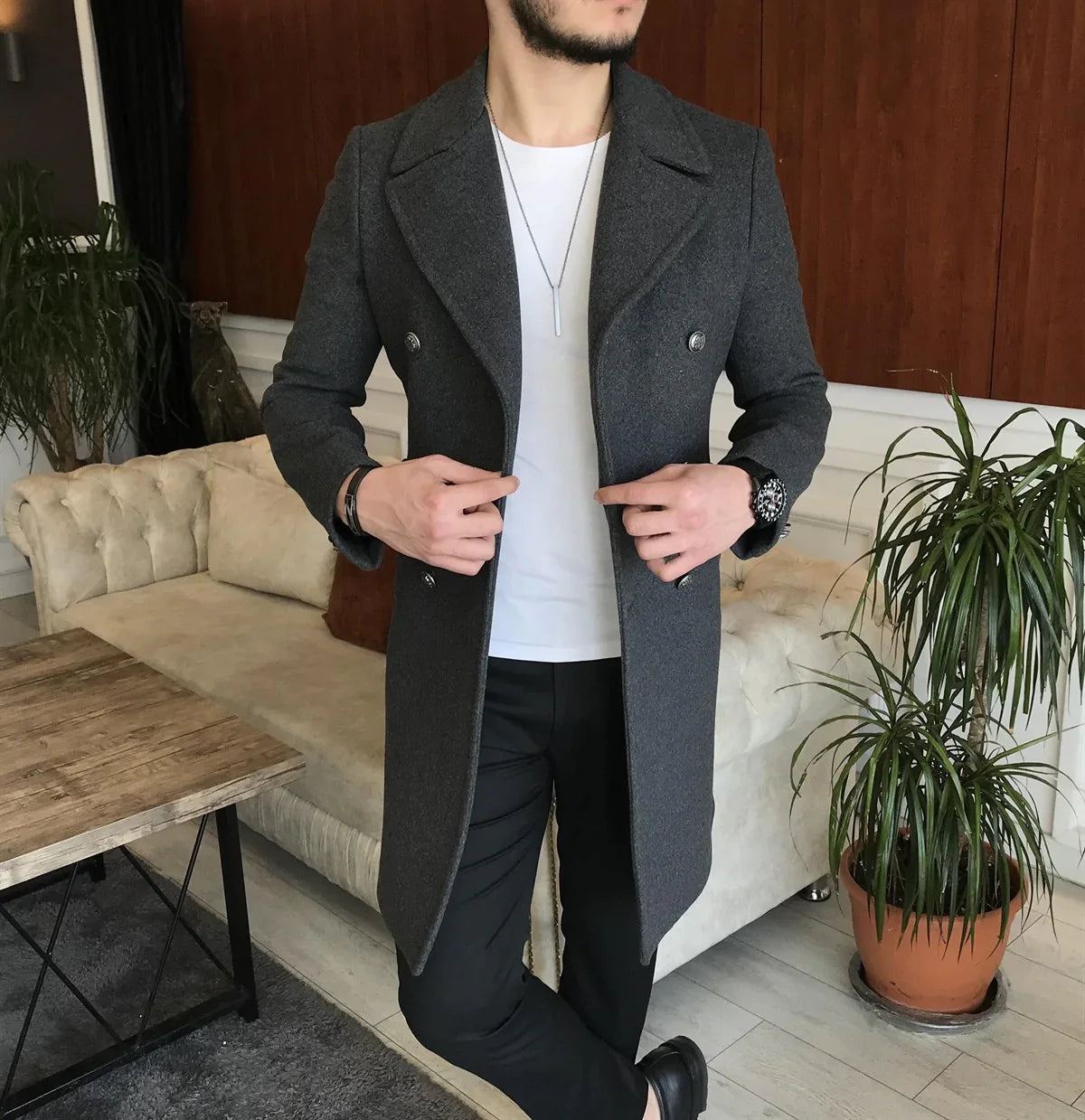 Frost Slim Fit Dark Grey Double Breasted Wool Over Coat by ITALIAN VEGA®