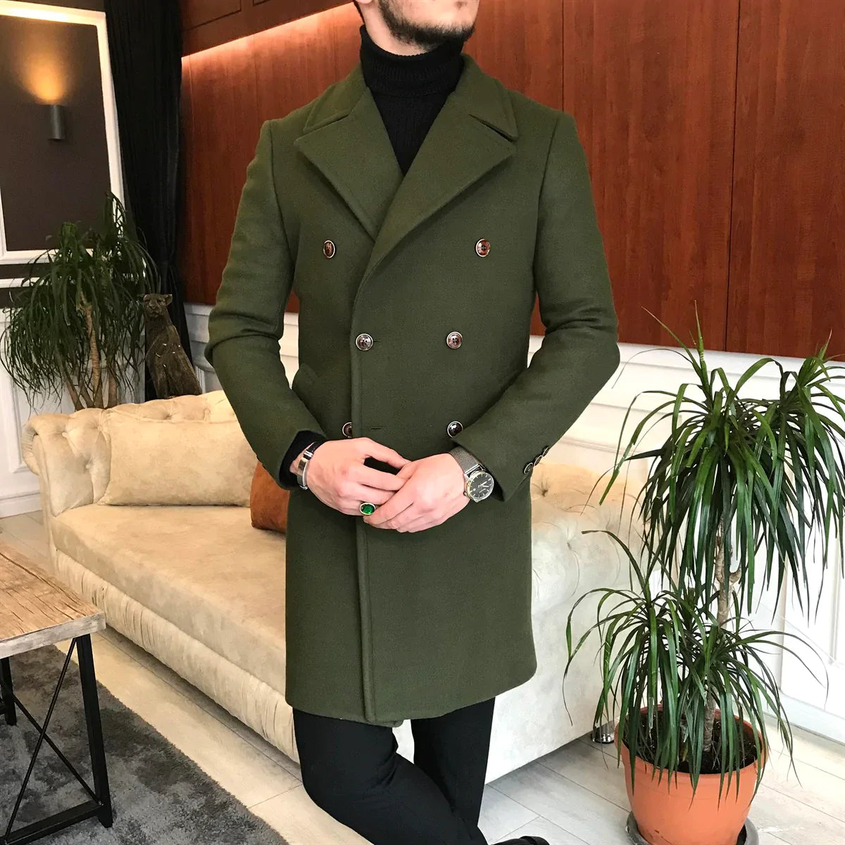 Frost Slim Fit Green Double Breasted Wool Coat by ITALIAN VEGA