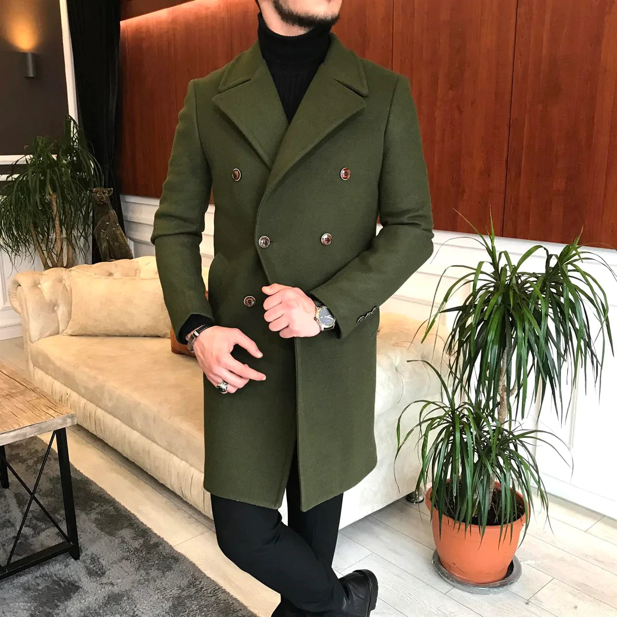 Frost Slim Fit Green Double Breasted Wool Coat by ITALIAN VEGA®