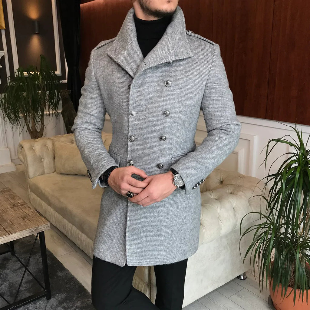Frost Slim Fit Grey Double Breasted Wool Coat by ITALIAN VEGA