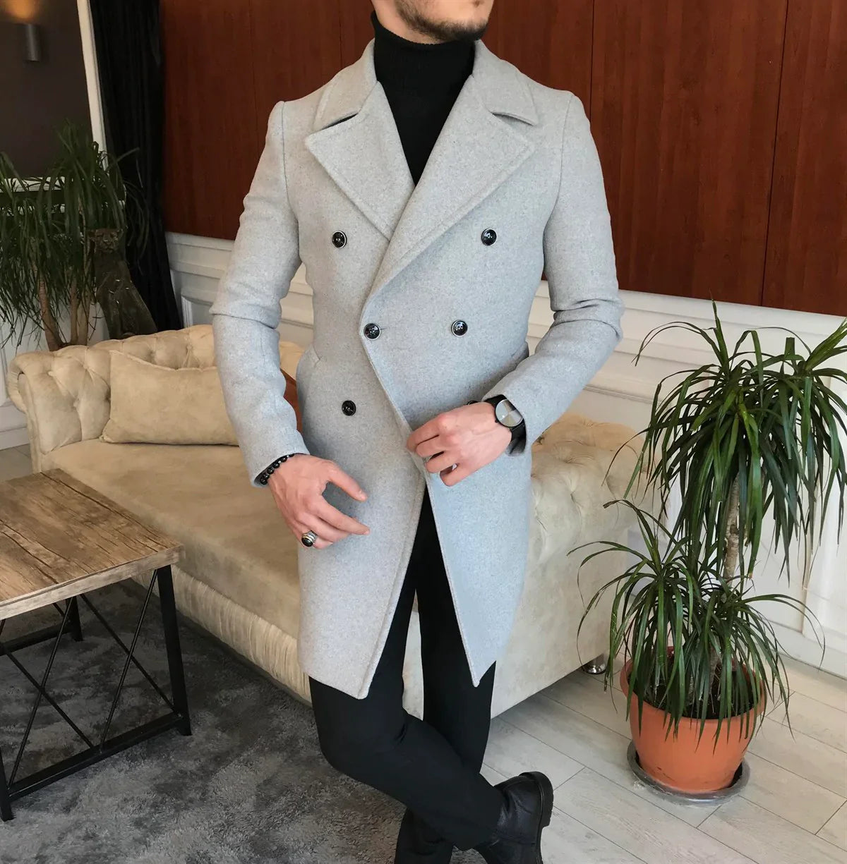 Frost Slim Fit Light Grey Double Breasted Wool Over Coat by ITALIAN VEGA
