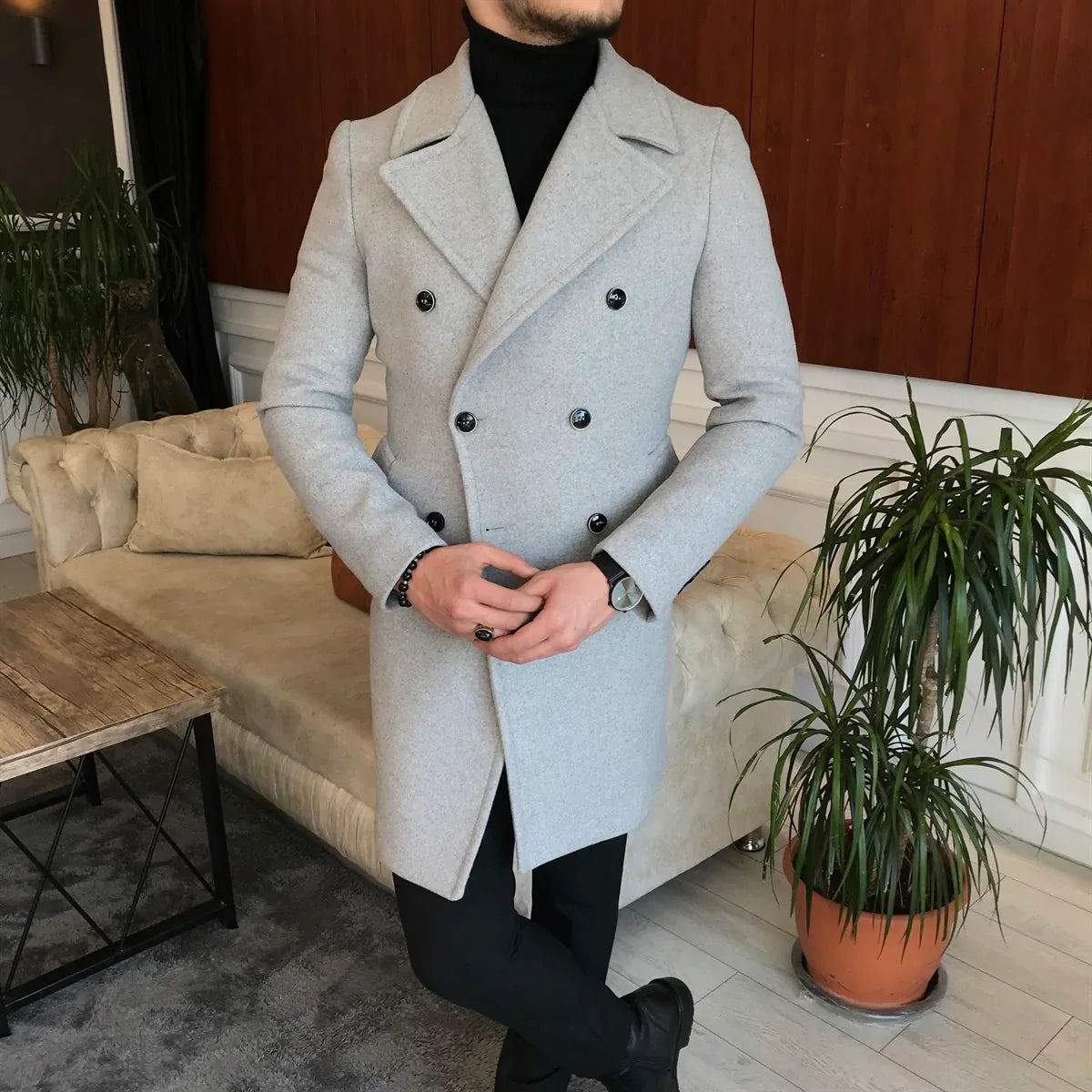 Frost Slim Fit Light Grey Double Breasted Wool Over Coat by ITALIAN VEGA® (Winter Special)